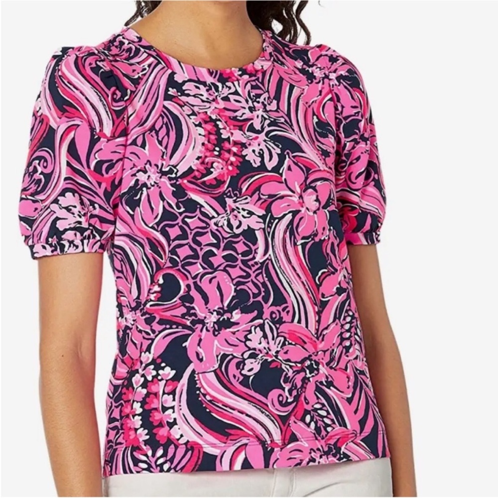 Lilly Pulitzer Rhett Top Low Tide Navy Flirty Fins and Feathers Pink XL
